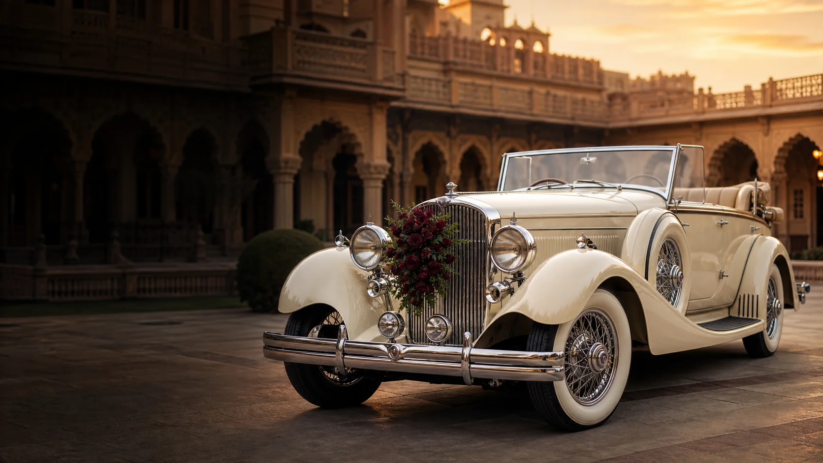 Open-top ivory vintage car in heritage courtyard