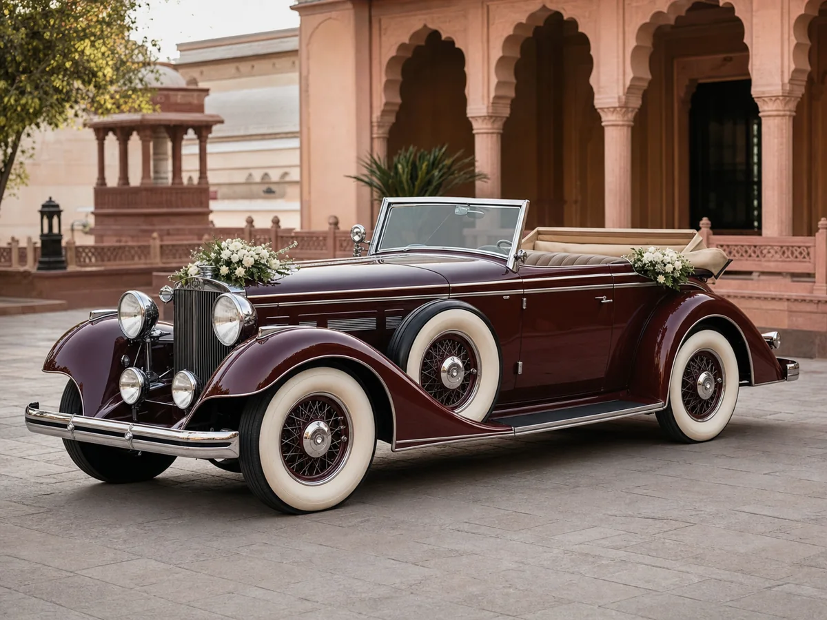 Burgundy open-top vintage wedding car